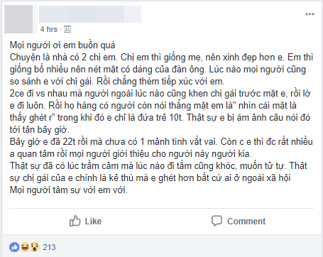 Câu chuyện gây tranh cãi: Cô gái trẻ tâm sự muốn tự tử, coi chị gái như kẻ thù bởi lúc nào cũng bị so sánh, chê bai ngoại hình - Ảnh 1.