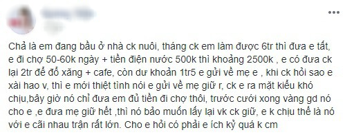 Mẹ bầu lấy tiền của chồng đưa gửi hết cho mẹ đẻ, đến lúc bị chồng giận còn lên mạng hỏi mình có ích kỷ không - Ảnh 1.