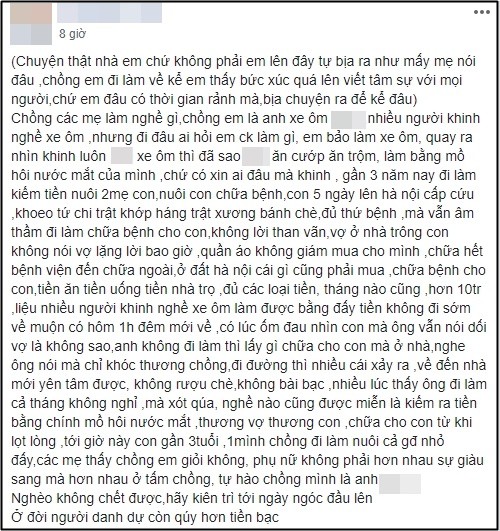 Đọc tâm sự của mẹ bỉm sữa có chồng làm xe ôm, hội chị em vừa rơi nước mắt vừa ghen tị - Ảnh 1.