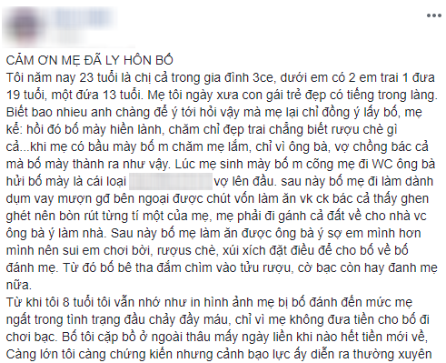 Cảm ơn mẹ đã ly hôn bố - bức tâm thư đầy xúc động của cô gái trẻ có mẹ từng bị bố bạo hành, phải tảo tần nuôi 3 đứa con ăn học  - Ảnh 1.