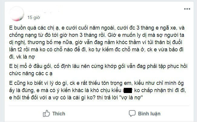Vợ bị tai nạn giao thông điều trị 3 tháng ròng và câu nói như xát muối vào tim của chồng: “Vợ là nợ” - Ảnh 1.