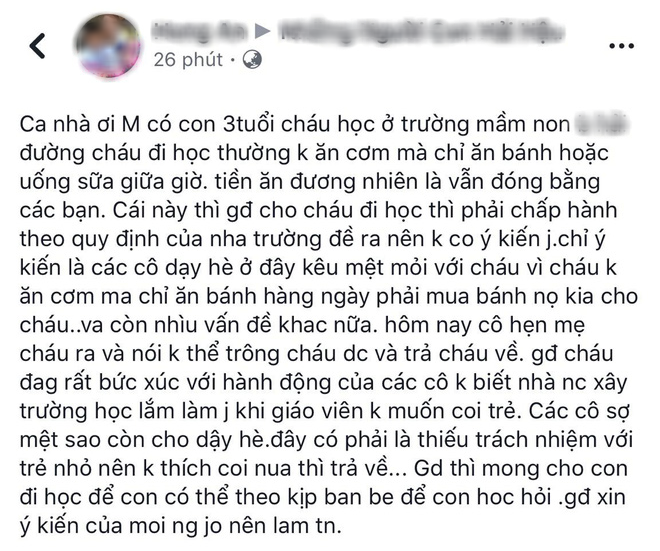 C&acirc;u chuyện trẻ mầm non bị c&ocirc; gi&aacute;o trả về gia đ&igrave;nh v&igrave; chỉ ăn b&aacute;nh m&agrave; kh&ocirc;ng ăn cơm giống bạn kh&aacute;c g&acirc;y tranh c&atilde;i lớn tr&ecirc;n MXH - Ảnh 1.