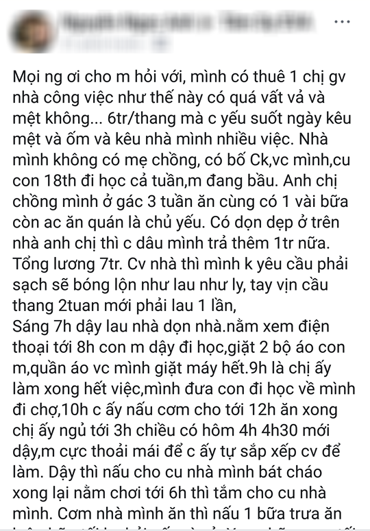 Mẹ bầu đau bầu vì ôsin sướng như tiên, ngày ngủ trưa 4 tiếng, chỉ nấu 1 bữa cơm, tháng nhận lương 7 triệu mà còn than mệt - Ảnh 1.