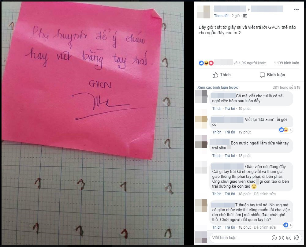 Chỉ một tờ giấy nhắn của c&ocirc; gi&aacute;o, d&acirc;n mạng tranh c&atilde;i nảy lửa: Trẻ lớp 1 n&ecirc;n viết tay tr&aacute;i hay tay phải? - Ảnh 1.