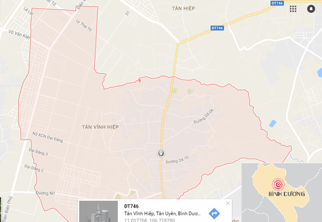 Xã Tân Vĩnh Hiệp (Vòng tròn đỏ) nơi xảy ra vụ việc. Ảnh: Google Maps.