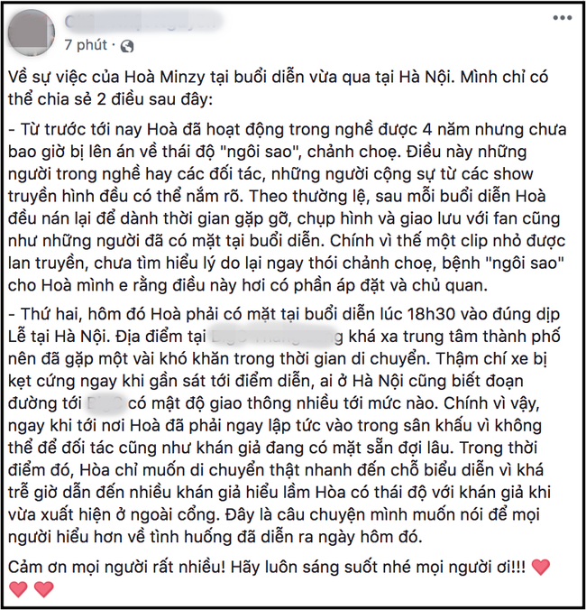 H&ograve;a Minzy thay mặt trưởng FC xin lỗi về clip lớn tiếng với fan, phản ph&aacute;o th&ocirc;ng tin c&oacute; th&aacute;i độ ng&ocirc;i sao - Ảnh 2.