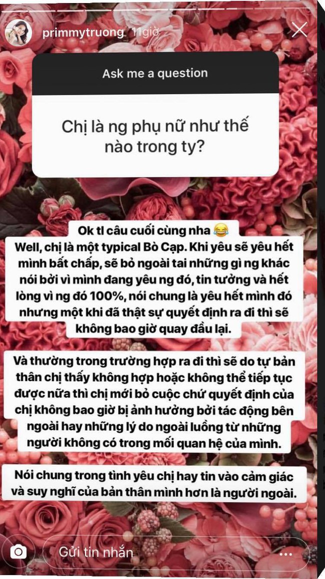 Primmy Trương chia sẻ m&igrave;nh l&agrave; c&ocirc; g&aacute;i cung B&ograve; Cạp y&ecirc;u rất bản năng, khi hết t&igrave;nh th&igrave; sẽ tự động rời bỏ - Ảnh 2.