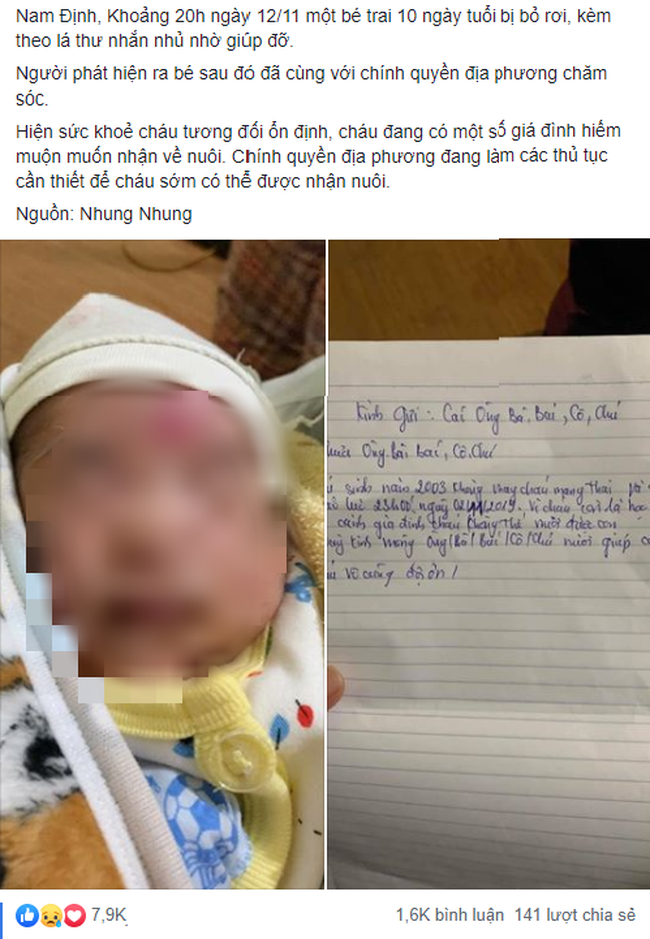 Nam Định: B&eacute; trai sơ sinh 10 ng&agrave;y tuổi bị bỏ rơi k&egrave;m lời nhắn ''ch&aacute;u c&ograve;n l&agrave; học sinh, kh&ocirc;ng thể nu&ocirc;i được con'' - Ảnh 1.