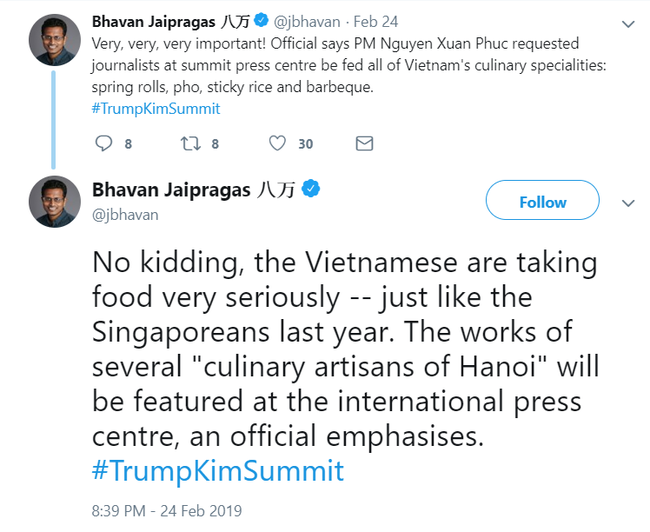 Ph&oacute;ng vi&ecirc;n quốc tế đăng đ&agrave;n khoe sẽ được ăn to&agrave;n đặc sản Việt Nam như nem, phở, x&ocirc;i... trong thời gian Hội nghị thượng đỉnh - Ảnh 1.