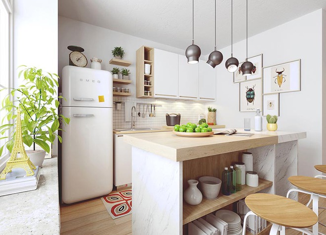 Sơn trắng toàn bộ không gian kết hợp nội thất gỗ - màu công thức cho một căn bếp nhỏ tinh tế và hiện đại - Ảnh 1.