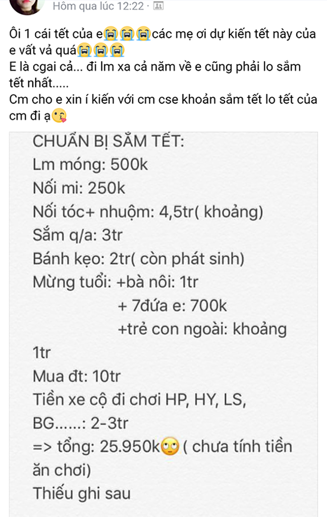 Kê khai chi tiêu Tết 26 triệu toàn mua sắm cho mình còn than vất vả, cô gái trẻ bị chị em ném đá - Ảnh 1.