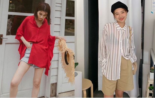 Mấy nàng sành điệu lại phát minh thêm một kiểu diện áo sơ mi: Mở toang vài cúc dưới để trông thật “ăn chơi”, hack chân dài tít tắp