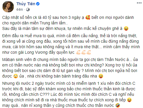 Chia sẻ mới nhất của Thủy Tiên về hành trình cứu trợ bà con miền Trung.