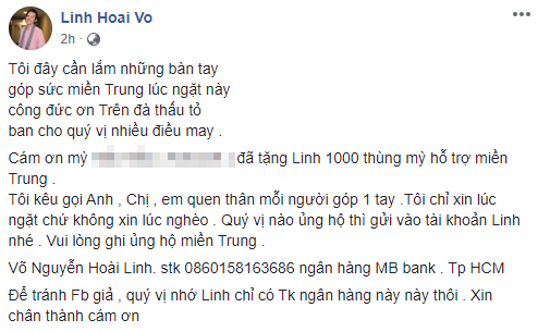 Chỉ trong vòng 2 tiếng, nghệ sĩ Hoài Linh thông báo quyên góp được 200 triệu đồng tiền từ thiện hỗ trợ miền Trung - Ảnh 2. Chỉ trong vòng 2 tiếng, nghệ sĩ Hoài Linh thông báo quyên góp được 200 triệu đồng tiền từ thiện hỗ trợ miền Trung - Ảnh 2.