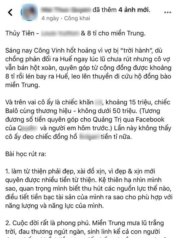 Nữ MC bị chỉ trích mạnh mẽ vì đăng status mỉa mai, bóc giá kém duyên đồ Thuỷ Tiên mặc khi đi cứu trợ miền Trung - Ảnh 2.