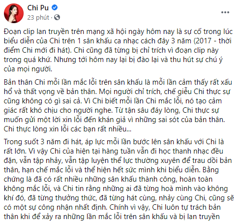 Chi Pu giấu ekip đăng tâm tư xin lỗi khán giả sau đoạn clip vỡ giọng gây tranh cãi, khẳng định vẫn đi học thanh nhạc đều đặn - Ảnh 2.