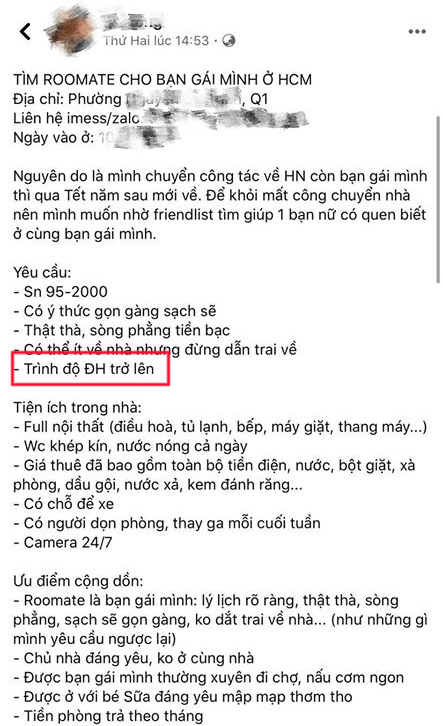 Nam thanh niên tìm người ở ghép để chia tiền phòng cho bạn gái nhưng lại yêu cầu... &quot;có bằng Đại học trở lên&quot; - Ảnh 1.