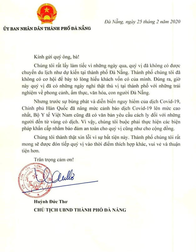 Chủ tịch Đà Nẵng viết tâm thư xin lỗi nhóm du khách đến từ tâm dịch Hàn Quốc - Ảnh 2.