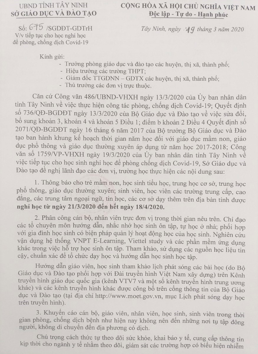 Nóng: Sở GD&ĐT Tây Ninh cho tất cả các cấp học được nghỉ đến giữa tháng 4 - Ảnh 1.