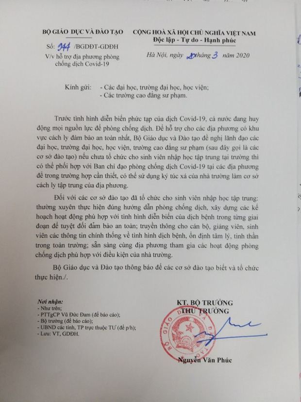 Bộ Giáo dục đề nghị các trường sử dụng ký túc xá làm khu cách ly nếu sinh viên chưa đi học lại - Ảnh 1. Bộ Giáo dục đề nghị các trường sử dụng ký túc xá làm khu cách ly nếu sinh viên chưa đi học lại - Ảnh 1.