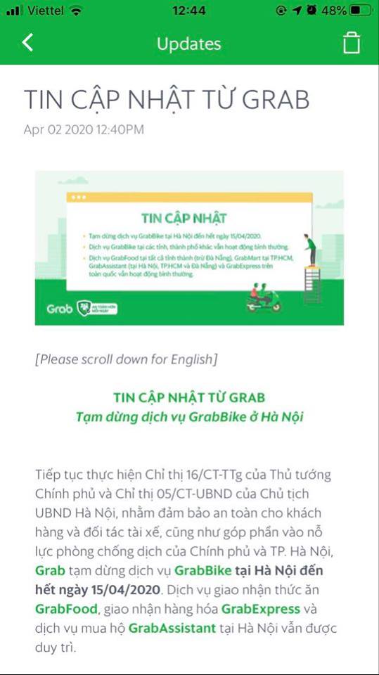 Sau khi có thông báo tạm dừng dịch vụ vận chuyển, Grab tiếp tục tạm dừng dịch vụ GrabBike tại Hà Nội - Ảnh 2.