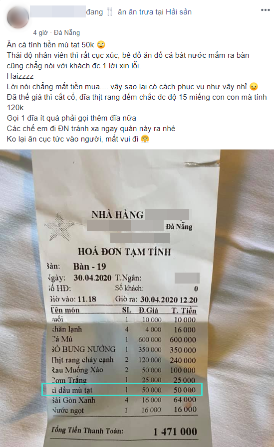 Ăn trưa tại nhà hàng hải sản ở Đà Nẵng, khách giật mình nhìn hóa đơn gần triệu rưỡi bị tính phí 50 nghìn tiền xì dầu, mù tạt (?!?) - Ảnh 1.