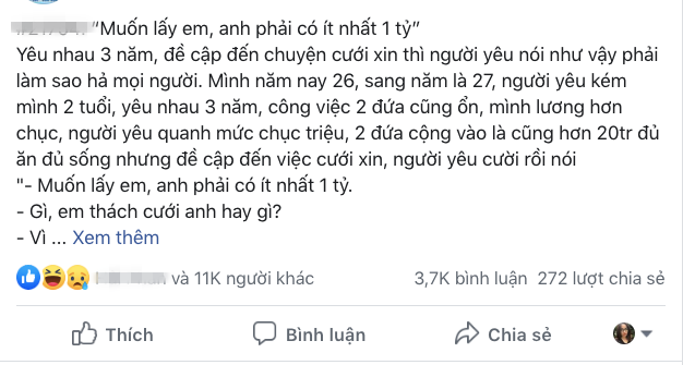 Đang tính chuyện kết hôn, người đàn ông choáng váng vì bạn gái tuyên bố: “Muốn lấy em, anh phải có ít nhất 1 tỷ” - Ảnh 1. Đang tính chuyện kết hôn, người đàn ông choáng váng vì bạn gái tuyên bố: “Muốn lấy em, anh phải có ít nhất 1 tỷ” - Ảnh 1.