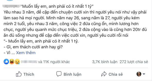 Đang tính chuyện kết hôn, người đàn ông choáng váng vì bạn gái tuyên bố: “Muốn lấy em, anh phải có ít nhất 1 tỷ”  - Ảnh 1.