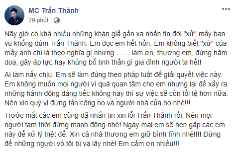 Sau khi tuyên bố &quot;xử lý triệt để&quot;, Trấn Thành cầu xin dân mạng ngừng khủng bố tinh thần người nhà kẻ vu khống mình - Ảnh 2.