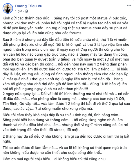 Dương Triệu Vũ tiếp tục lên tiếng sau status gây tranh cãi về việc sửa nhà trưa Thứ 7: &quot;Điều tôi cảm thấy khó chịu đây là sự thiếu tình người, tình hàng xóm&quot; - Ảnh 2.