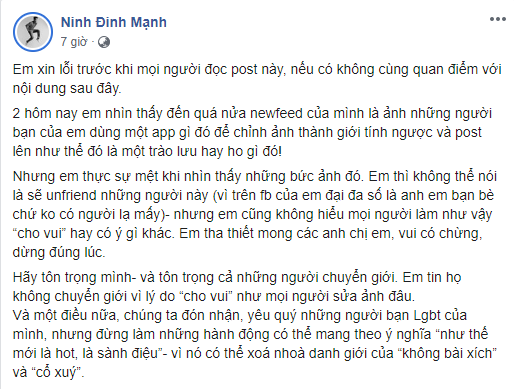 Đinh Mạnh Ninh Lên Án Việc Dùng App Thay Đổi Giới Tính Là Không Tôn Trọng  Cộng Đồng Lgbt, Dân Mạng Phản Ứng Gay Gắt