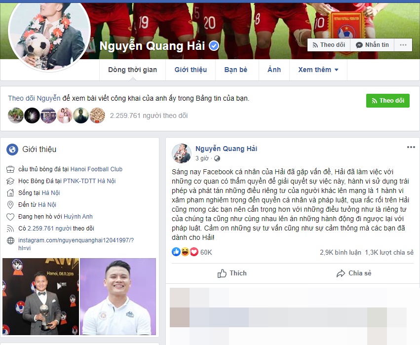 Động thái mới nhất trên trang cá nhân của Quang Hải sau status thông báo bị  hack tài khoản Facebook