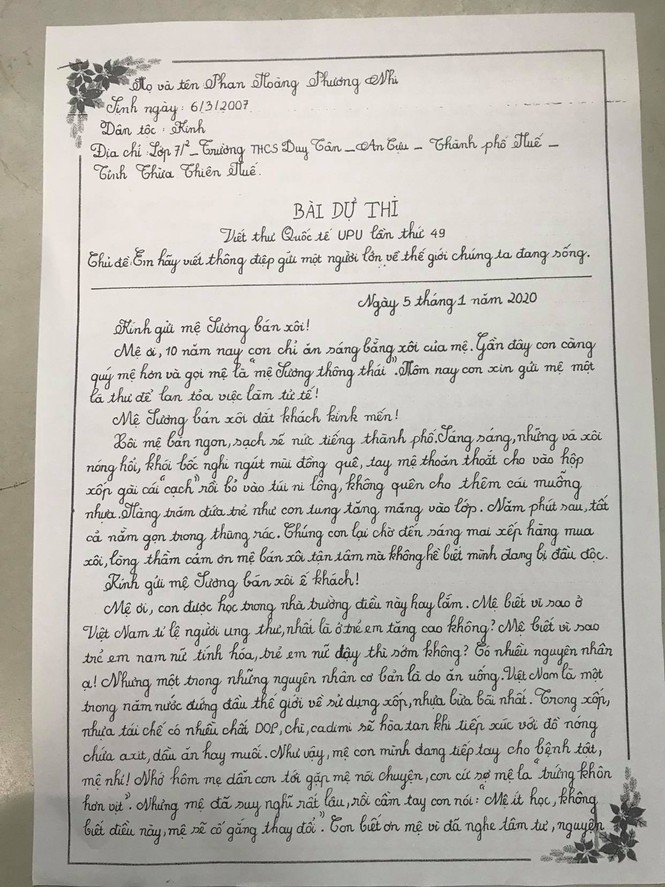 Kêu gọi không dùng hộp xốp đựng xôi, học sinh lớp 7 giành giải nhất viết thư UPU - Ảnh 2.