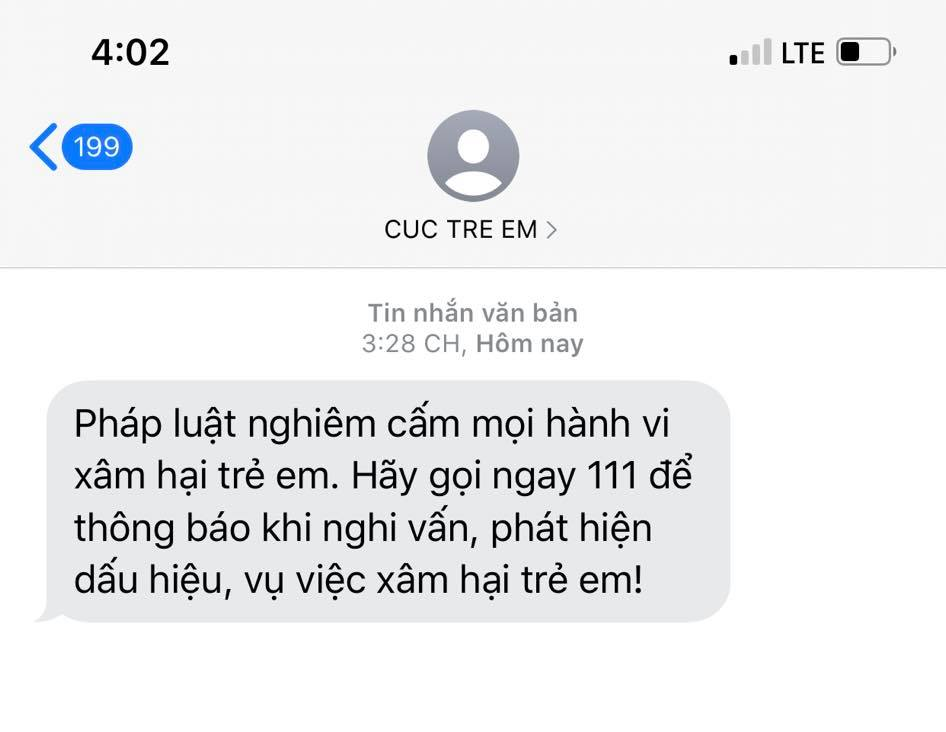 Bộ Thông tin – Truyền thông liên tục gửi tin nhắn thông báo cho người dân cách tố cáo các hành vi xâm hại trẻ em - Ảnh 1. Bộ Thông tin – Truyền thông liên tục gửi tin nhắn thông báo cho người dân cách tố cáo các hành vi xâm hại trẻ em - Ảnh 1.