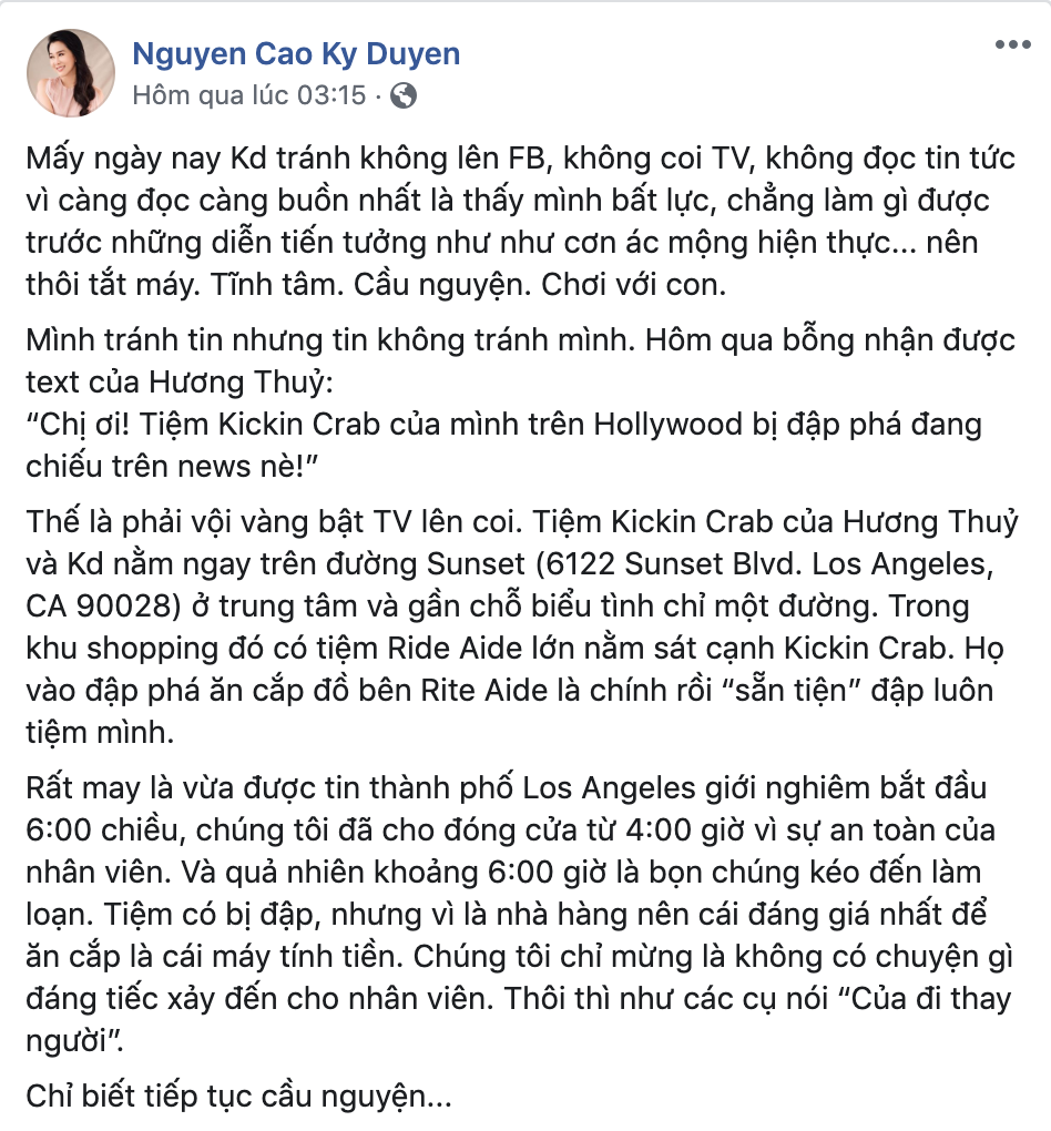 Thúy Nga và dàn sao Việt cập nhật tình hình tại Mỹ, MC Nguyễn Cao Kỳ Duyên lên TV vì cửa hàng ở Hollywood bị đập phá - Ảnh 1.
