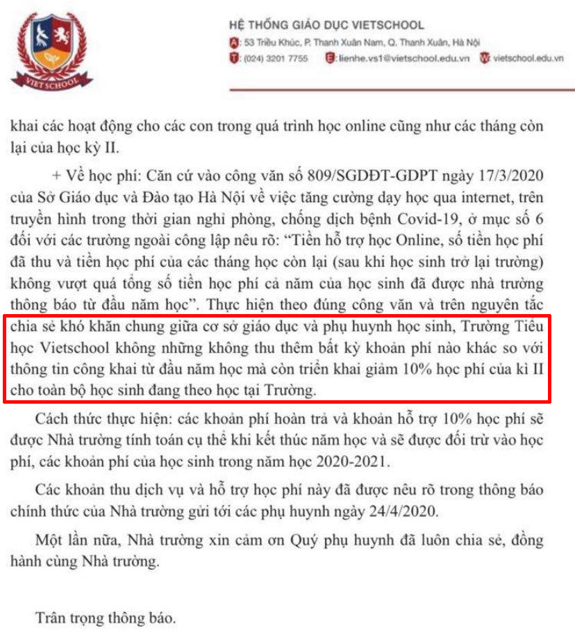 Phụ huynh một trường tiểu học ở Hà Nội tố bị trường gửi email &quot;đe dọa&quot; sau khi phản đối chính sách học phí mùa dịch - Ảnh 1.