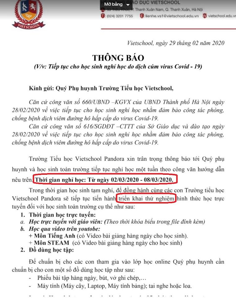 Phụ huynh một trường tiểu học ở Hà Nội tố bị trường gửi email 