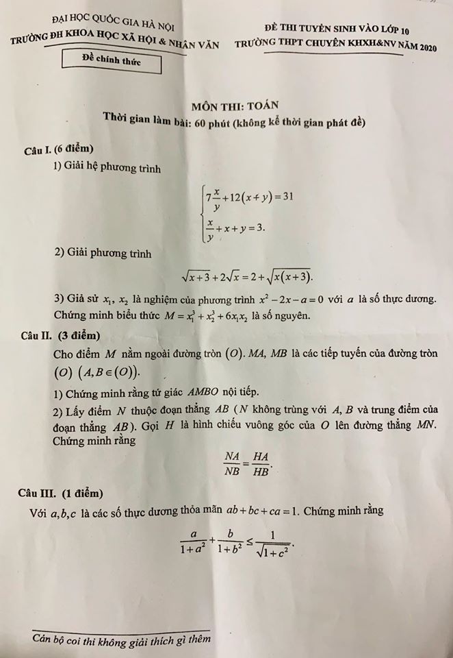 Đề thi chính thức 3 môn Toán, Ngữ Văn, tiếng Anh vào trường THPT chuyên Khoa học Xã hội và Nhân văn, năm đầu tiên tuyển sinh lớp 10 - Ảnh 5.