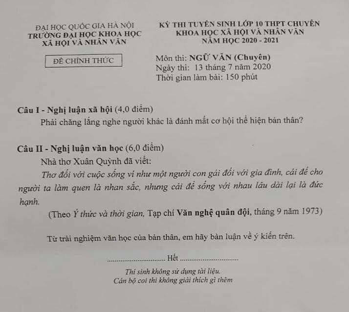 Mới năm đầu tuyển sinh lớp 10, trường THPT chuyên KHXH&NV đã thách thức thí sinh thi lớp chuyên Văn với đề khó như này  - Ảnh 1.