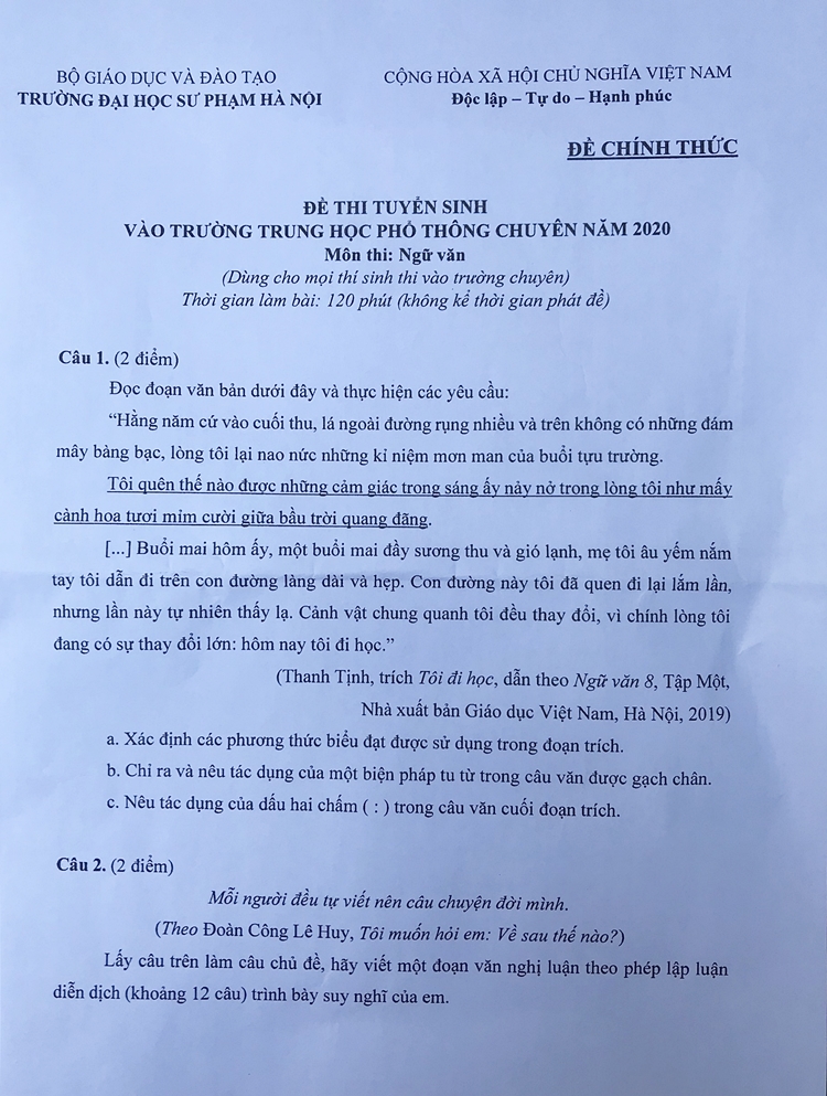 Đáp án gợi ý đề thi Văn chung vào lớp 10 trường chuyên Sư phạm, học sinh xem ngay để đối chiếu kết quả  - Ảnh 1.