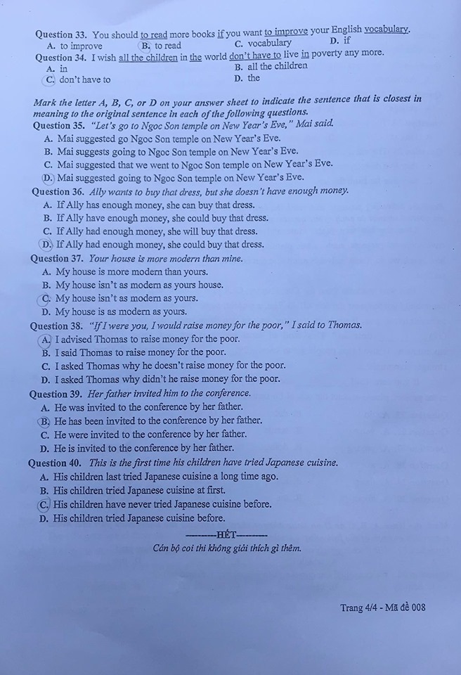 Mới: Đáp án đề thi vào lớp 10 môn tiếng Anh 2020, học sinh so ngay để biết số điểm đạt được - Ảnh 4.