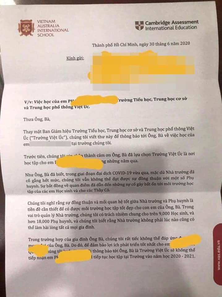 Vụ phụ huynh sốc nặng khi nhận thư &quot;không thể tiếp tục tiếp nhận&quot; học sinh, trường Quốc tế Việt Úc chính thức phản hồi - Ảnh 1.