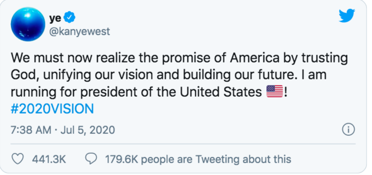 NÓNG: Kanye West tuyên bố chính thức tranh cử Tổng thống Mỹ, khiến cả thế giới chấn động với 1 tweet ngắn - Ảnh 2.