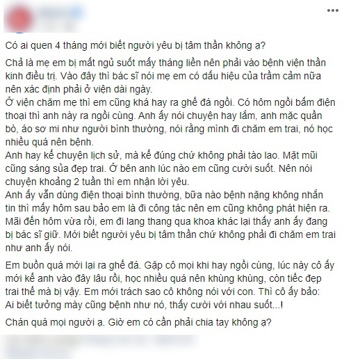 Yêu nhau hơn 4 tháng cô gái mới phát hiện người yêu là bệnh nhân tâm thần, đã thế còn tức nghẹn cổ khi nghe 