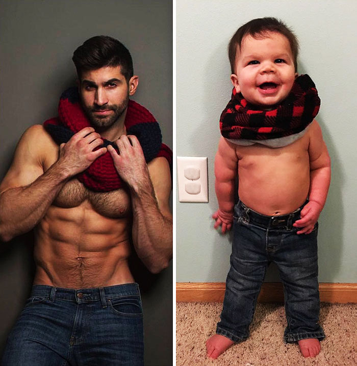 M&agrave;n đọ d&aacute;ng si&ecirc;u cấp đ&aacute;ng y&ecirc;u giữa b&eacute; trai 18 th&aacute;ng tuổi &ldquo;bụng mỡ&rdquo; v&agrave; người cậu ruột &ldquo;bụng 6 m&uacute;i&rdquo; - Ảnh 1.