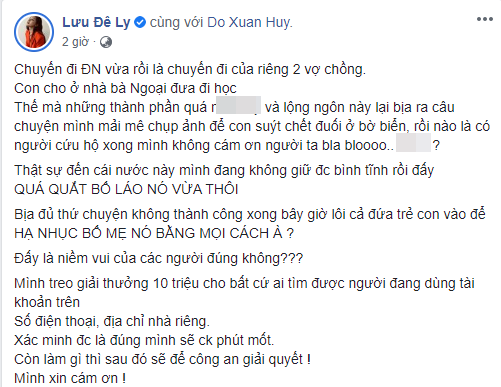 Lưu Đê Ly treo thưởng 10 triệu đồng cho người vu khống cô mải mê chụp ảnh để con suýt chết đuối ở biển - Ảnh 3.