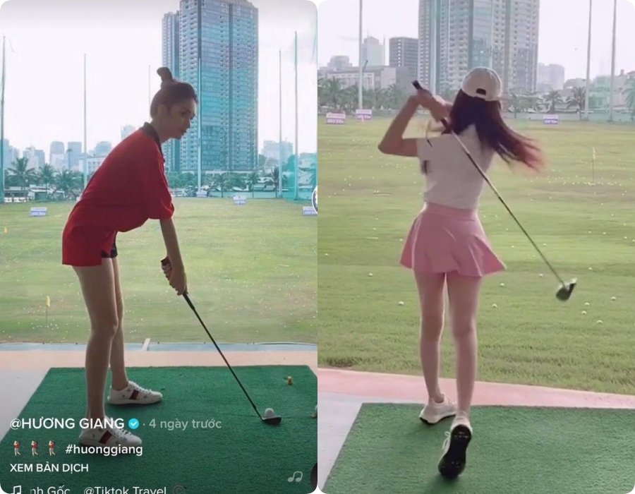 Hương Giang, Quỳnh Nga đi chơi golf mặc váy ngắn cũn, tưởng đâu 