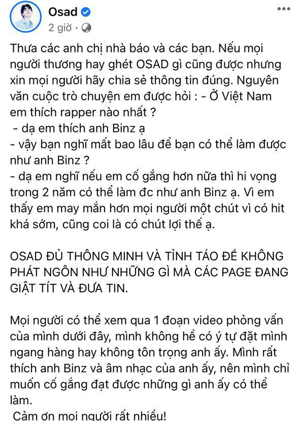 OSAD lên tiếng đính chính sau khi bị chỉ trích gay gắt về phát ngôn gây tranh cãi: &quot;Hai năm nữa tôi sẽ thay thế anh Binz&quot; - Ảnh 5.