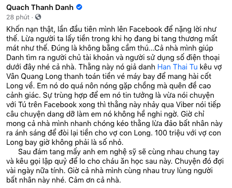 Xuất hiện kẻ giả mạo bạn thân, lừa vợ Vân Quang Long gửi 100 triệu để đưa hài cốt chồng từ Mỹ về Việt Nam - Ảnh 1. Xuất hiện kẻ giả mạo bạn thân, lừa vợ Vân Quang Long gửi 100 triệu để đưa hài cốt chồng từ Mỹ về Việt Nam - Ảnh 1.