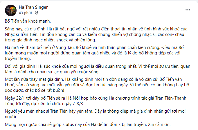 Diva Hà Trần tiết lộ tình hình sức khỏe của nhạc sĩ Trần Tiến trước tin đồn qua đời